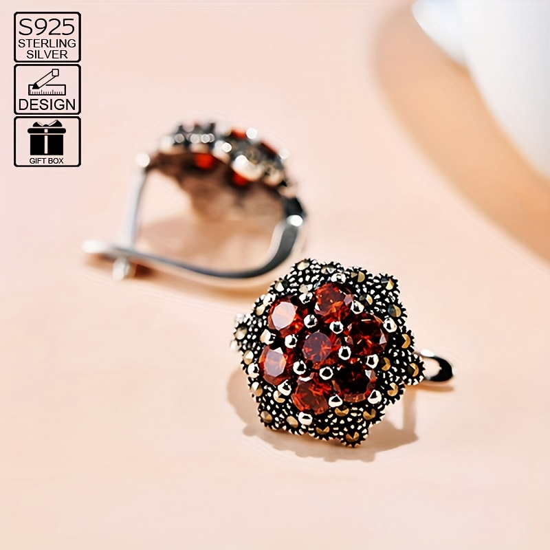 925 Sterling Silver Flower Garnet Earrings Hypoallergenic
